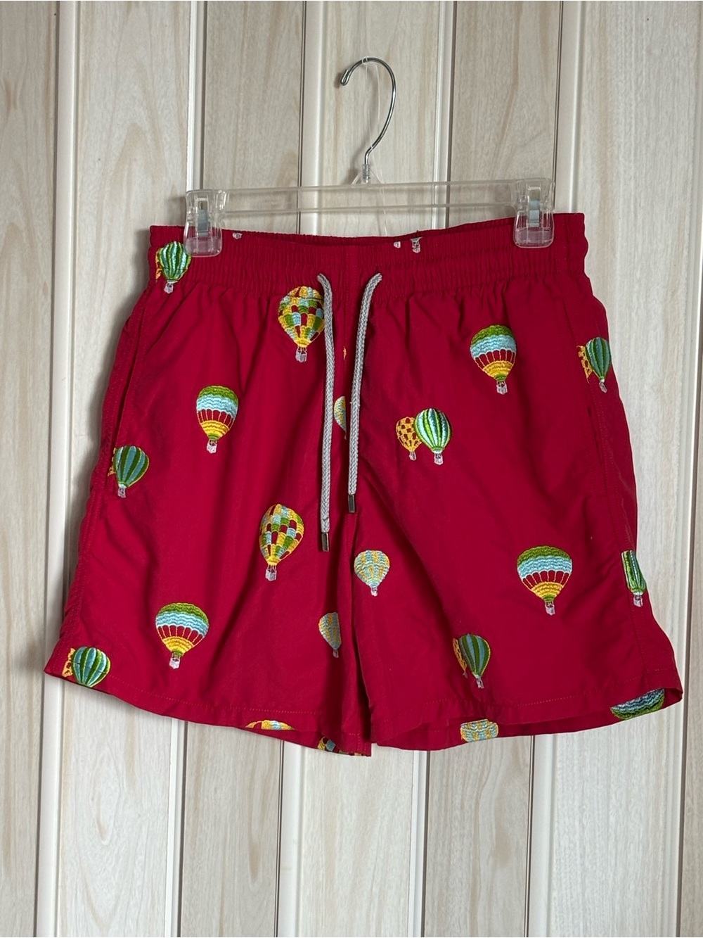 Vilebrequin Bright Red Swim Shorts with Embroidered Hot Air Balloon